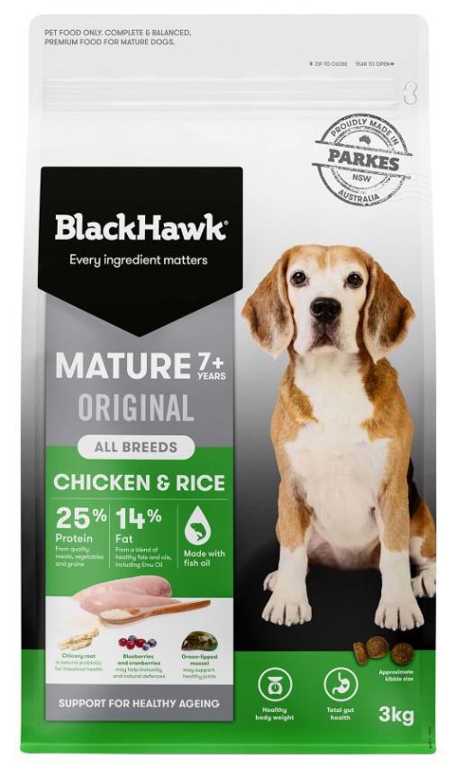 Black Hawk dog food Chicken & Rice | mature 7+ years - 3kg Bag